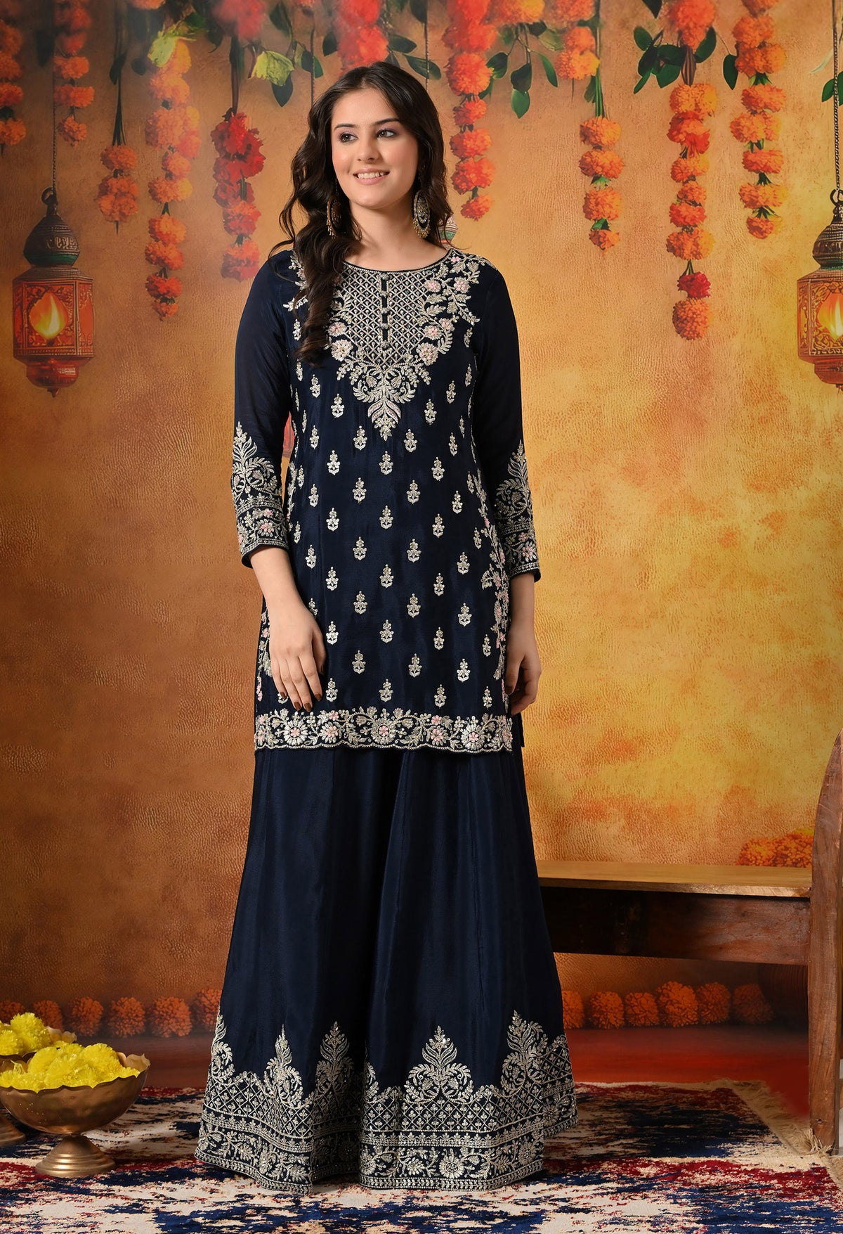 Blue Zardozi, Mirror & Sequin Embellished Chinon Lehenga Set
