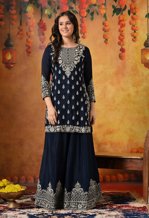 Blue Zardozi, Mirror & Sequin Embellished Chinon Lehenga Set