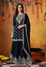 Blue Zardozi, Mirror & Sequin Embellished Chinon Lehenga Set