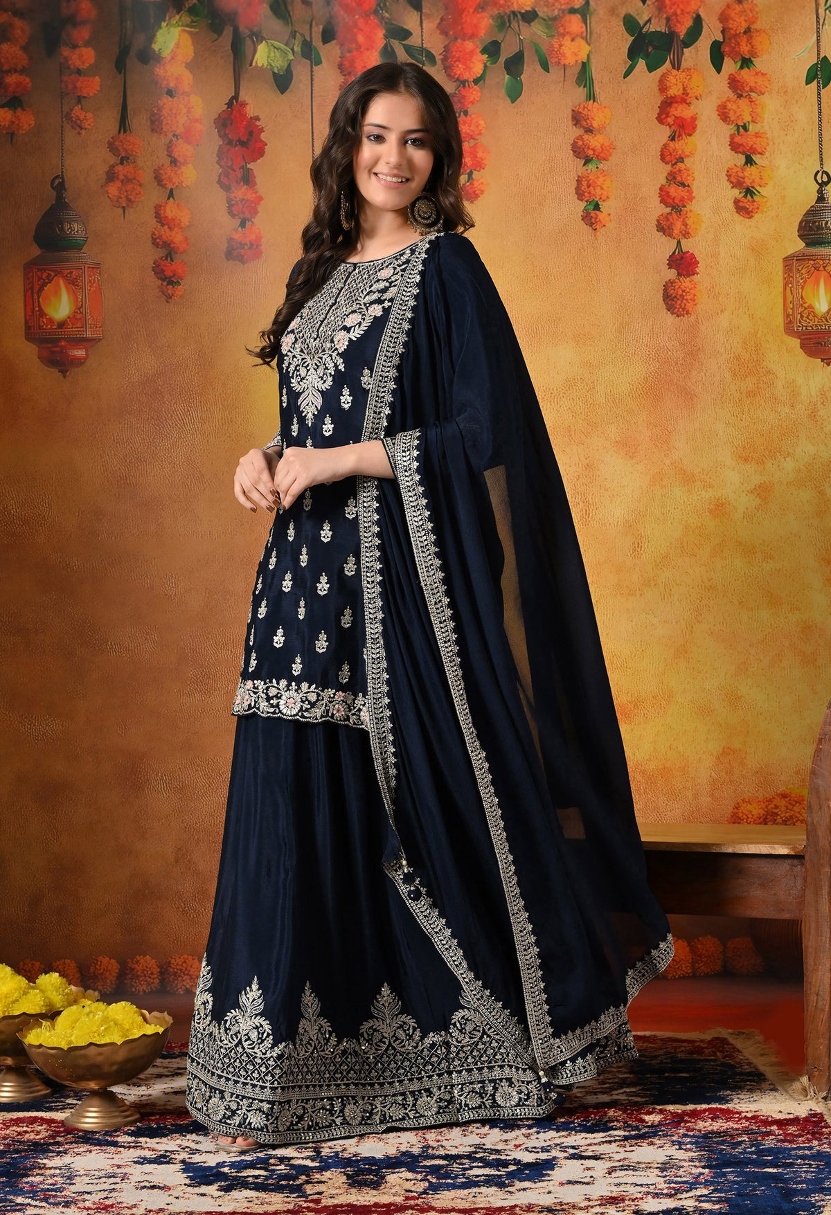Blue Zardozi, Mirror & Sequin Embellished Chinon Lehenga Set