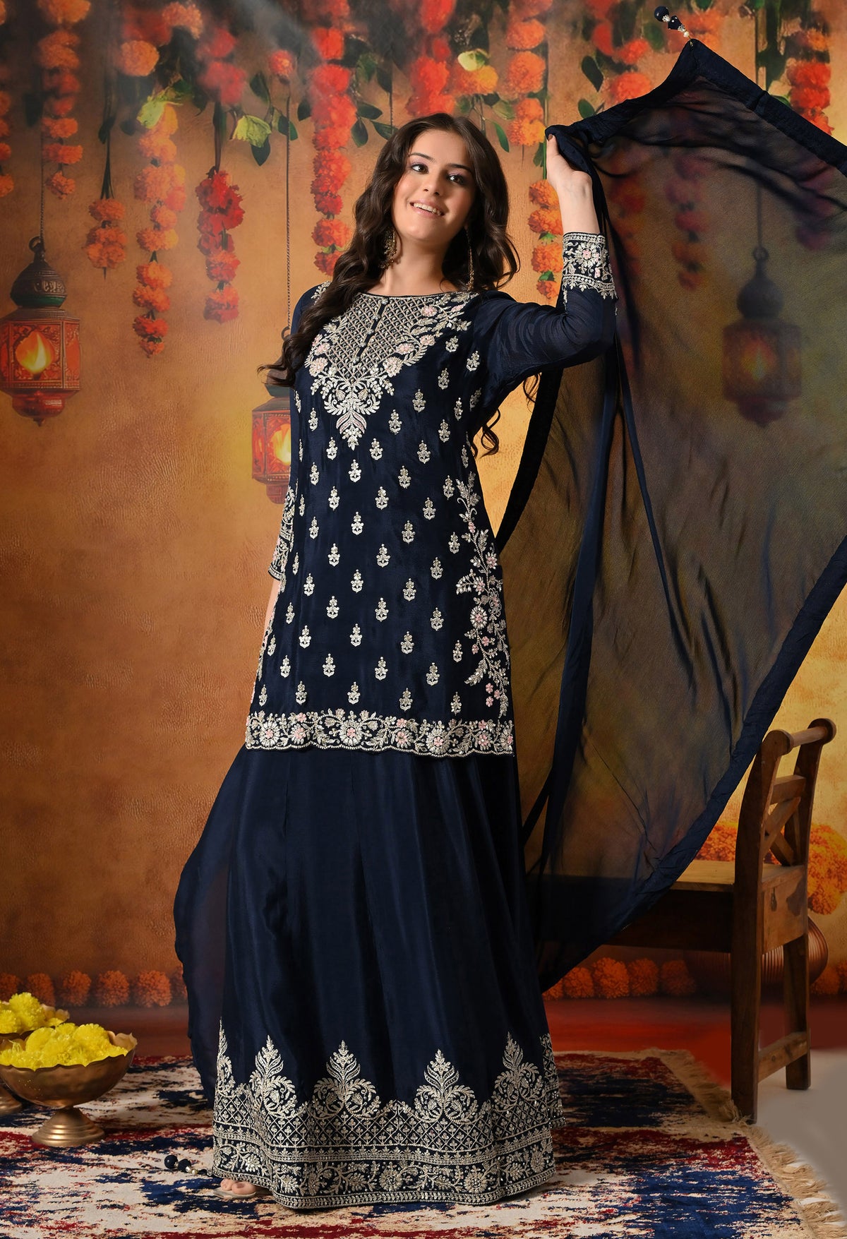 Blue Zardozi, Mirror & Sequin Embellished Chinon Lehenga Set