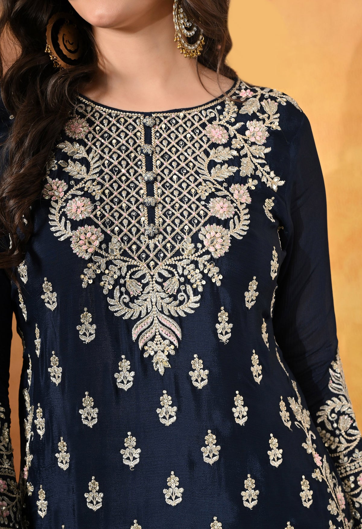 Blue Zardozi, Mirror & Sequin Embellished Chinon Lehenga Set