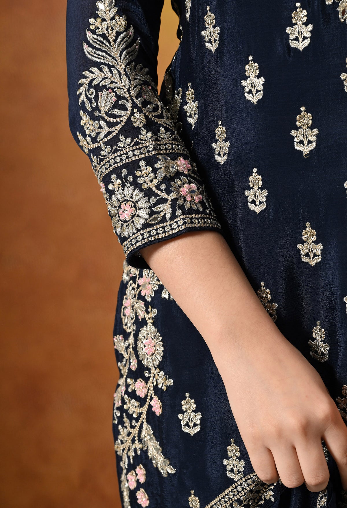 Blue Zardozi, Mirror & Sequin Embellished Chinon Lehenga Set