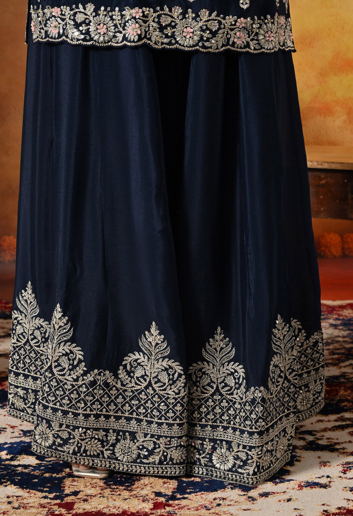 Blue Zardozi, Mirror & Sequin Embellished Chinon Lehenga Set