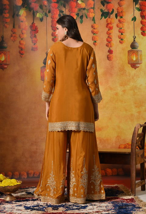 Mustard Yellow Zardozi Embroidered Chinon Sharara Set