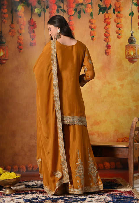 Mustard Yellow Zardozi Embroidered Chinon Sharara Set