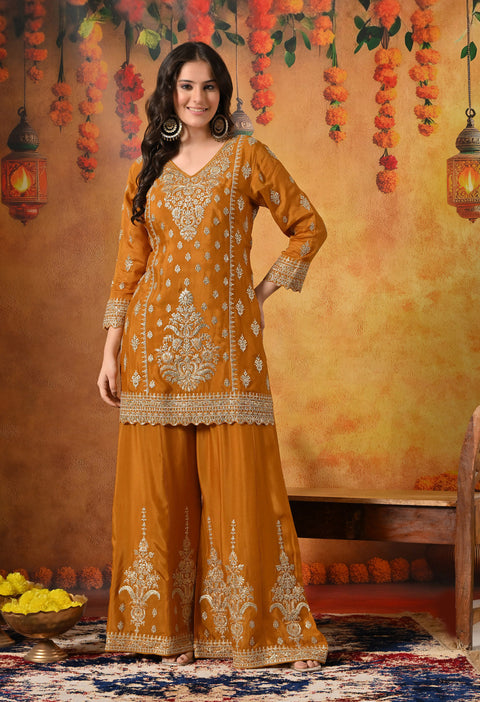Mustard Yellow Zardozi Embroidered Chinon Sharara Set