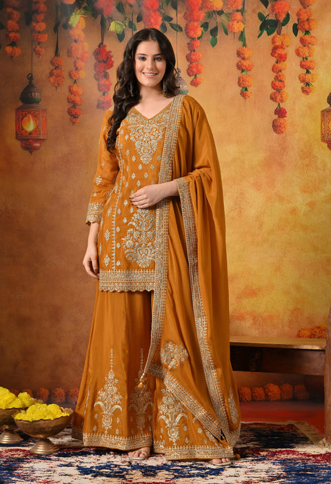 Mustard Yellow Zardozi Embroidered Chinon Sharara Set