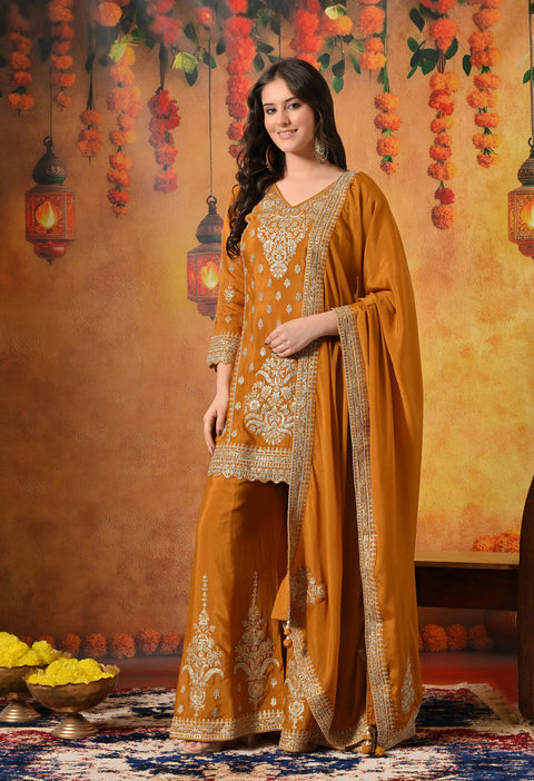 Mustard Yellow Zardozi Embroidered Chinon Sharara Set