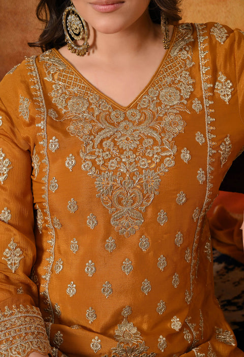 Mustard Yellow Zardozi Embroidered Chinon Sharara Set