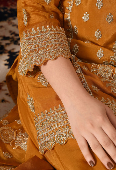 Mustard Yellow Zardozi Embroidered Chinon Sharara Set