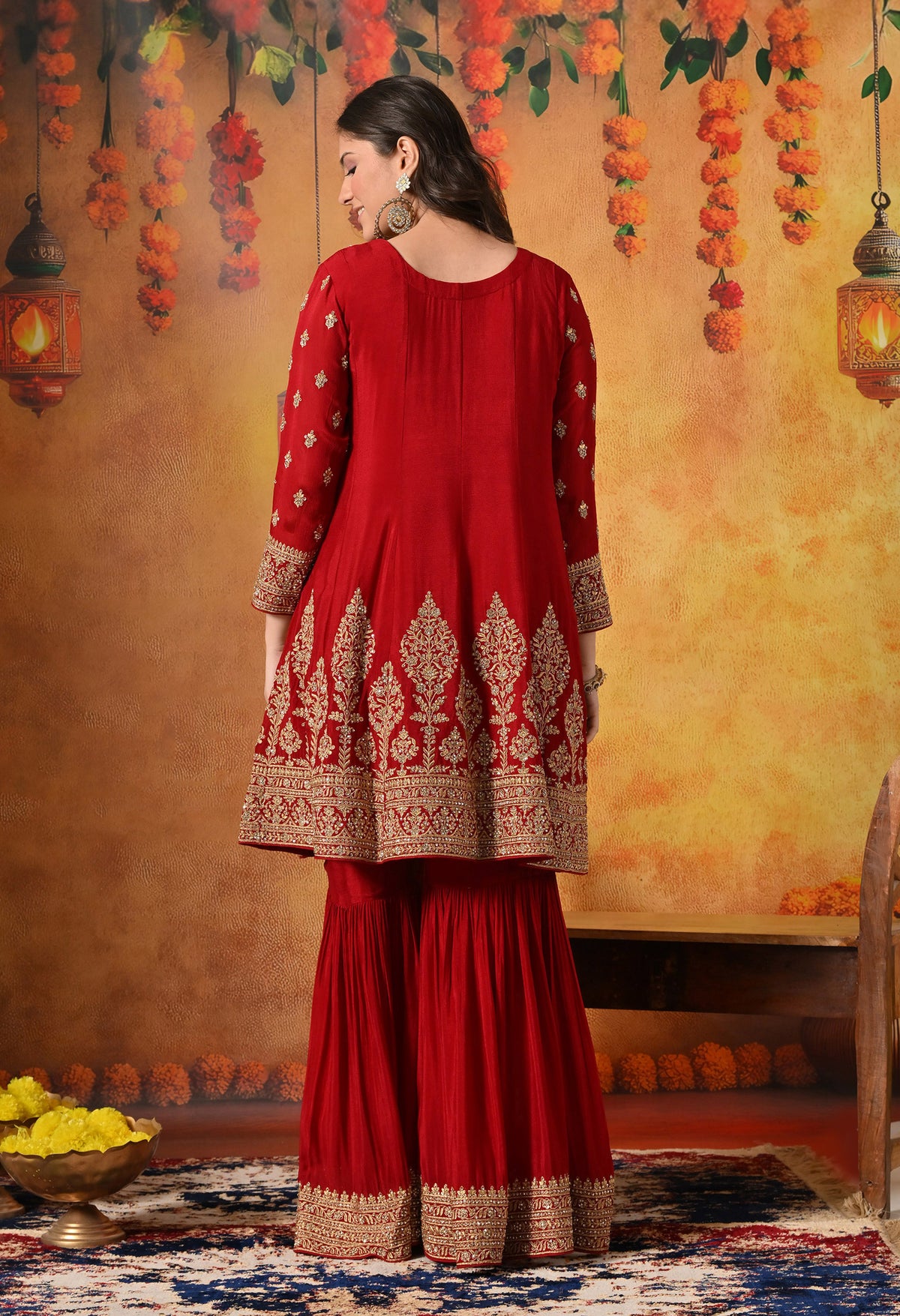 Maroon Zardozi, Dabka & Mirror Embroidered Chinon Gharara Set