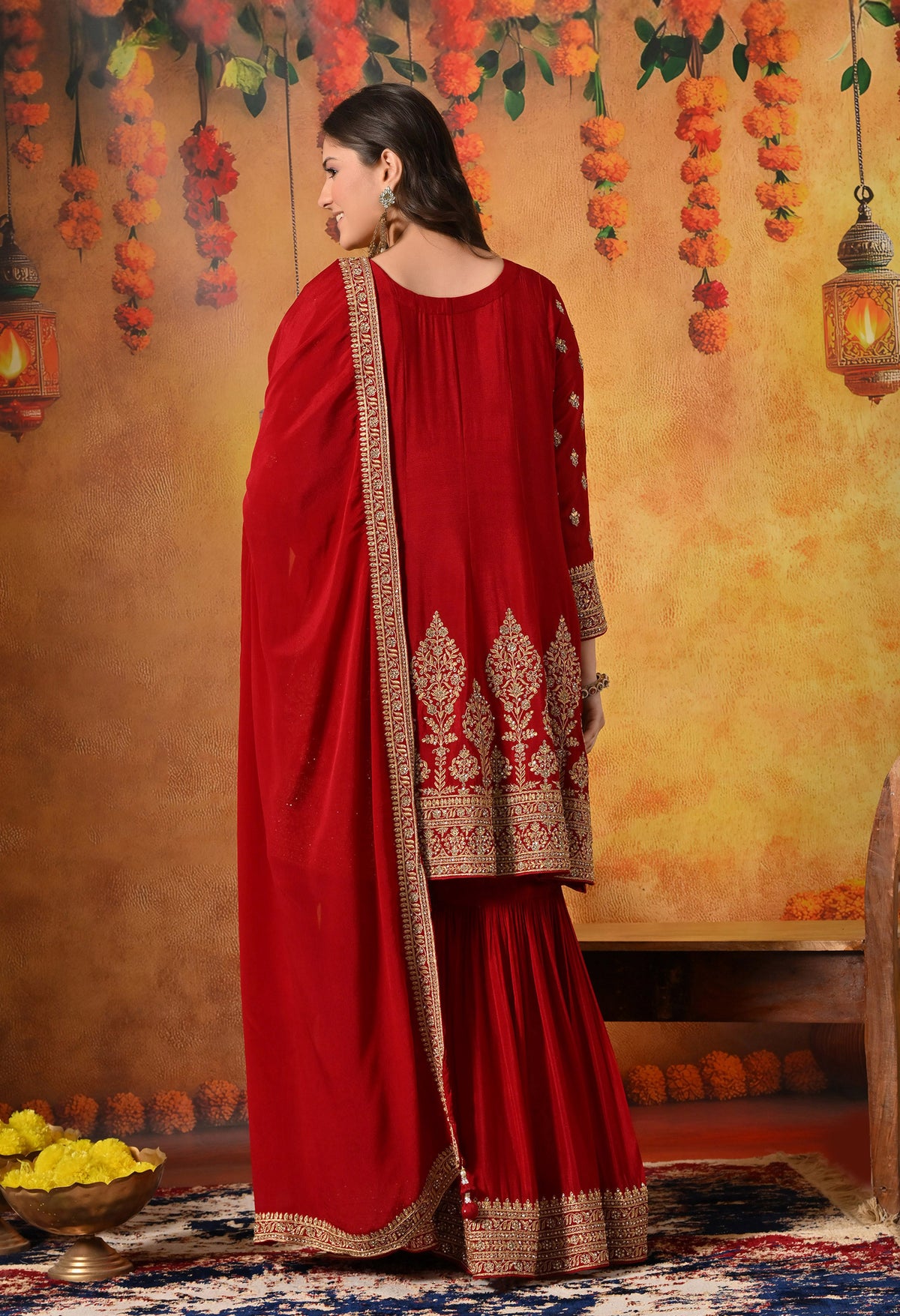 Maroon Zardozi, Dabka & Mirror Embroidered Chinon Gharara Set