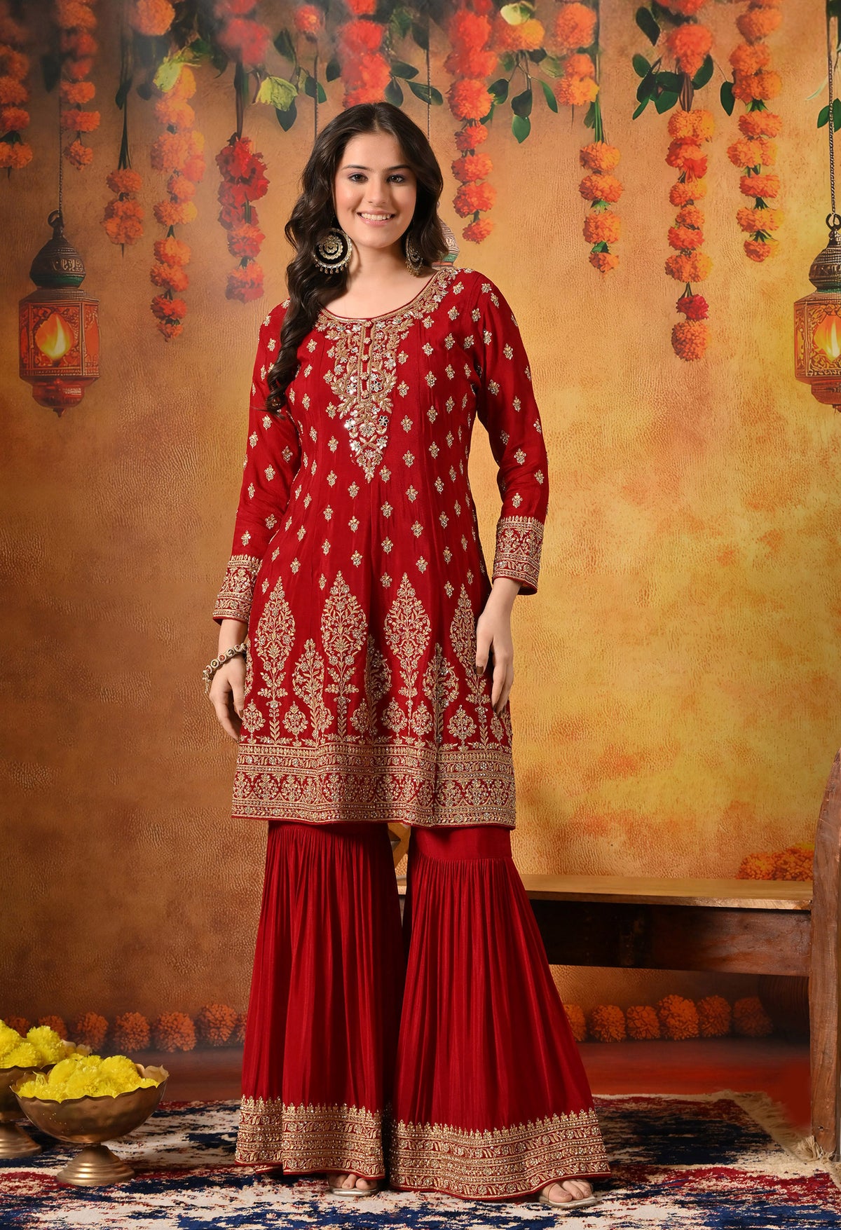 Maroon Zardozi, Dabka & Mirror Embroidered Chinon Gharara Set