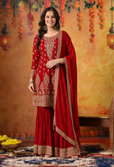 Maroon Zardozi, Dabka & Mirror Embroidered Chinon Gharara Set