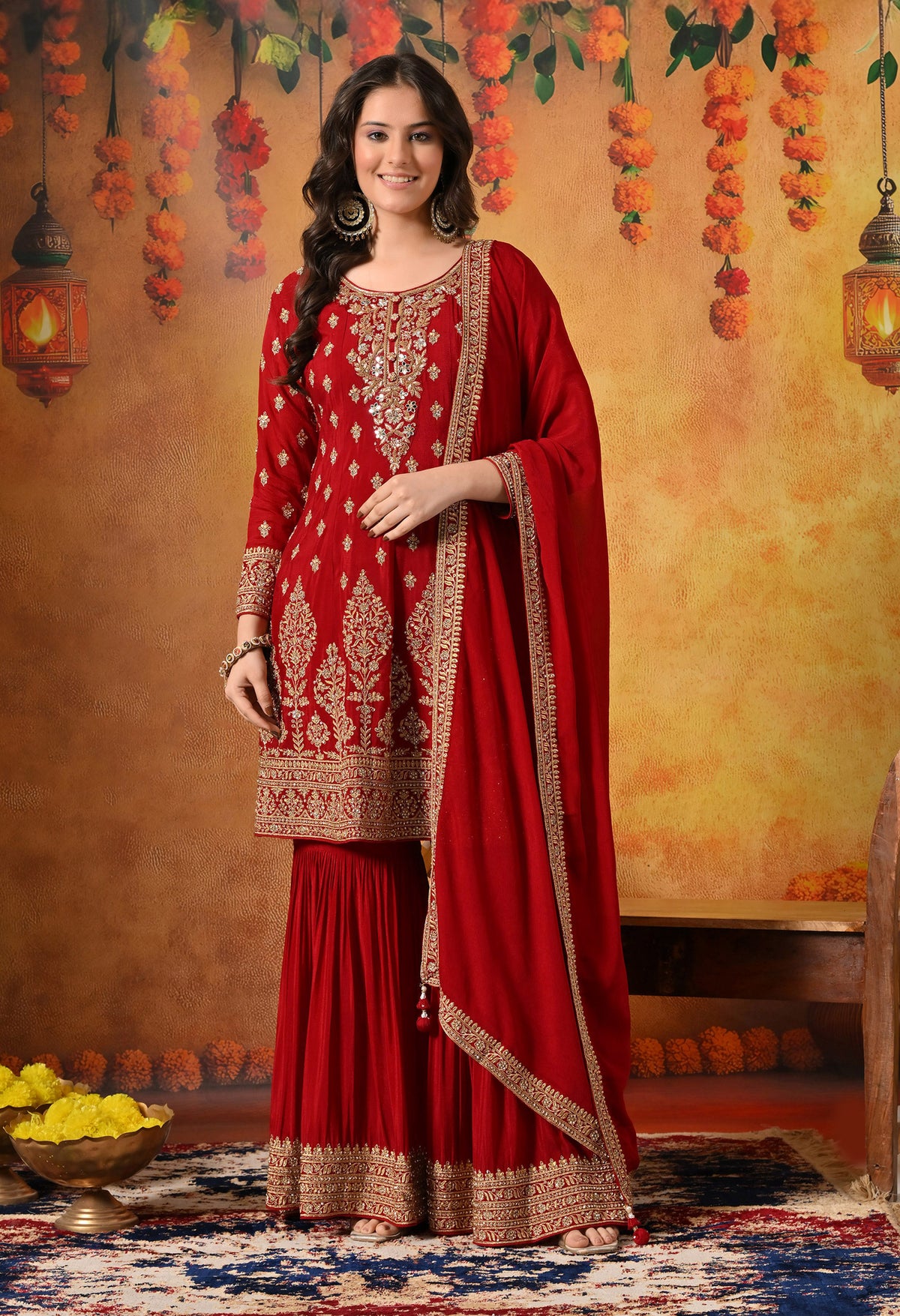 Maroon Zardozi, Dabka & Mirror Embroidered Chinon Gharara Set