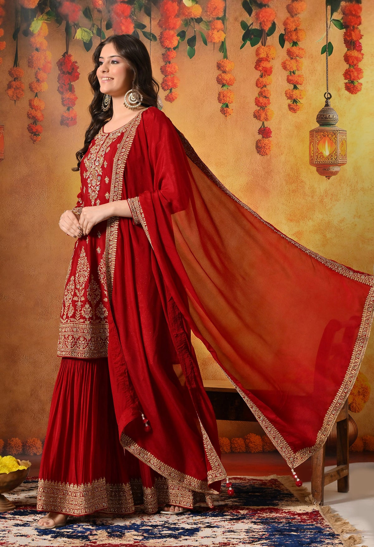 Maroon Zardozi, Dabka & Mirror Embroidered Chinon Gharara Set