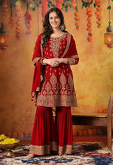 Maroon Zardozi, Dabka & Mirror Embroidered Chinon Gharara Set