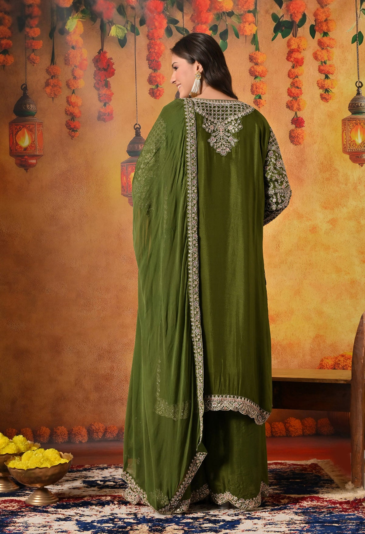 Green Zardozi, Crystal & Mirror Embellished Chinon Sharara Set