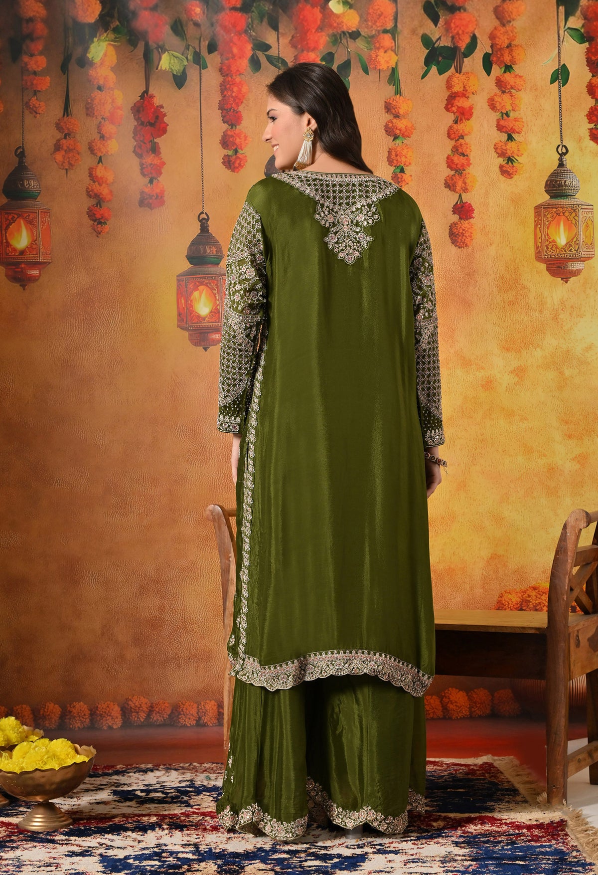 Green Zardozi, Crystal & Mirror Embellished Chinon Sharara Set