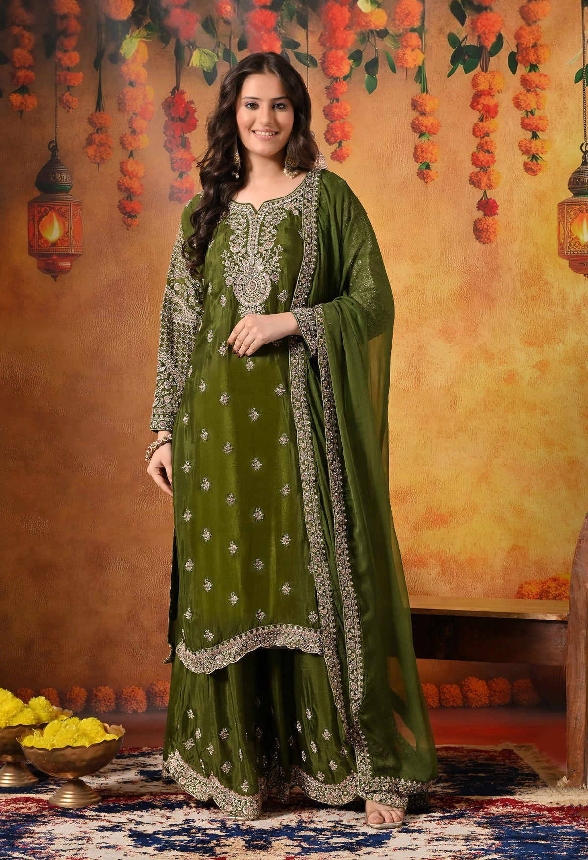 Green Zardozi, Crystal & Mirror Embellished Chinon Sharara Set