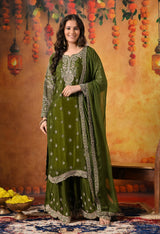 Green Zardozi, Crystal & Mirror Embellished Chinon Sharara Set