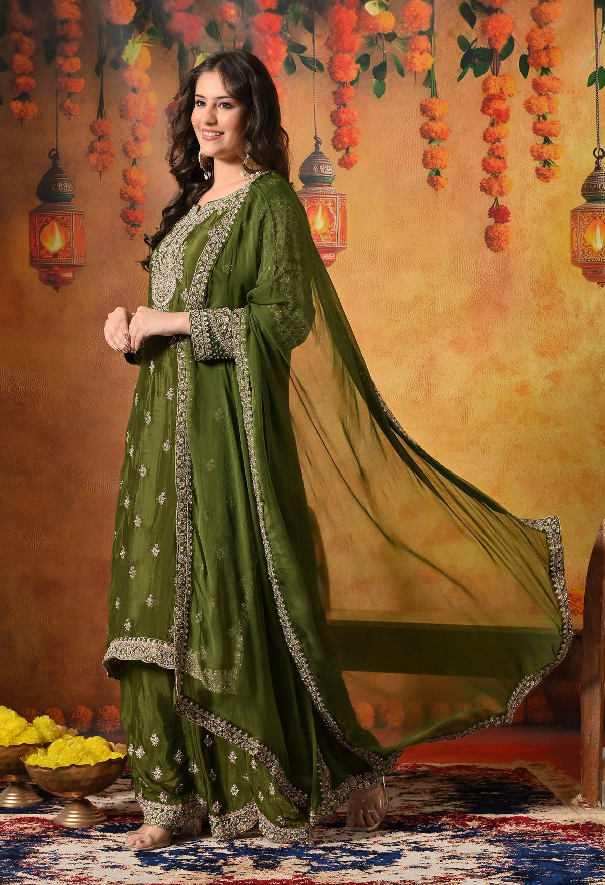 Green Zardozi, Crystal & Mirror Embellished Chinon Sharara Set