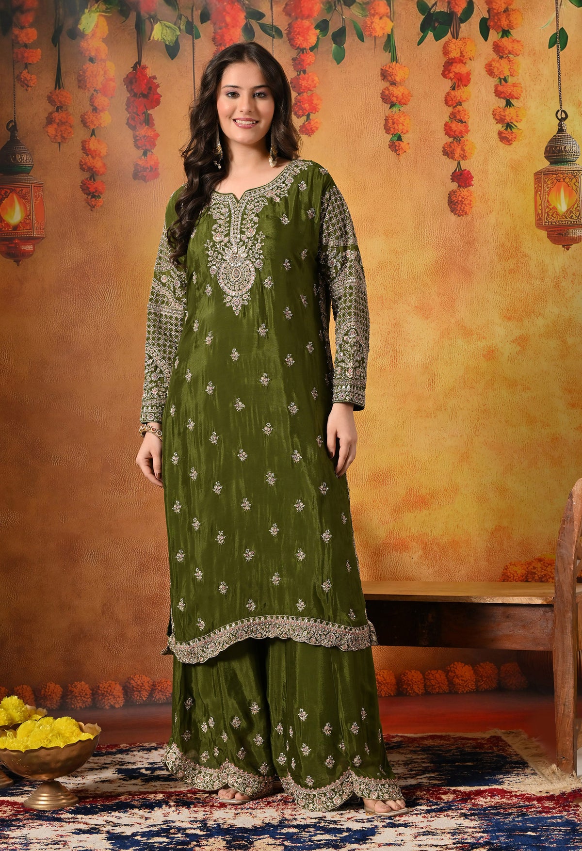 Green Zardozi, Crystal & Mirror Embellished Chinon Sharara Set