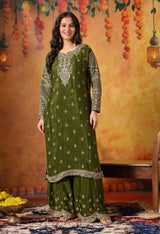 Green Zardozi, Crystal & Mirror Embellished Chinon Sharara Set