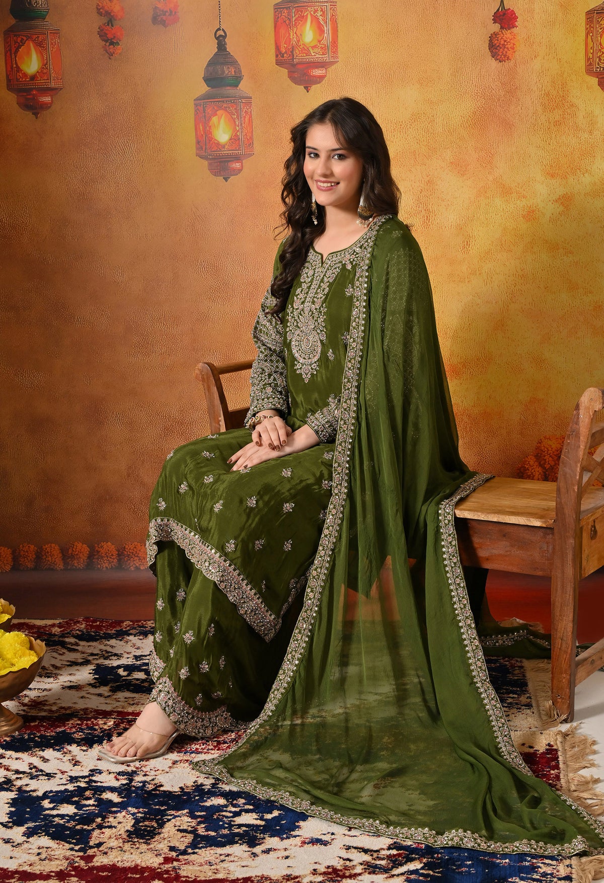 Green Zardozi, Crystal & Mirror Embellished Chinon Sharara Set