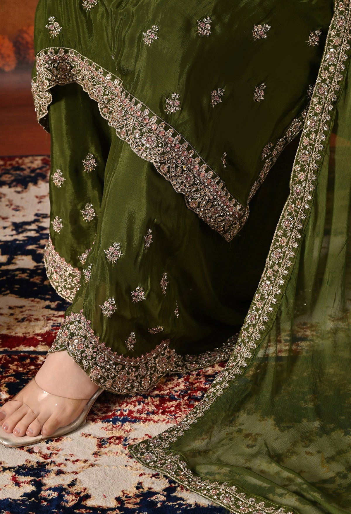 Green Zardozi, Crystal & Mirror Embellished Chinon Sharara Set