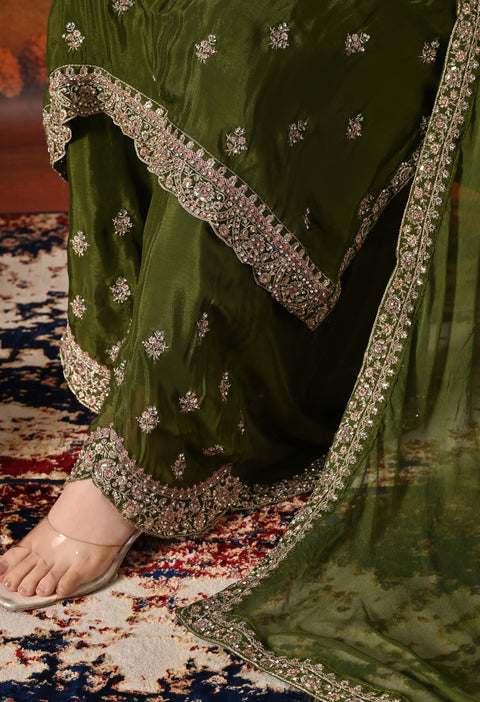 Green Zardozi, Crystal & Mirror Embellished Chinon Sharara Set