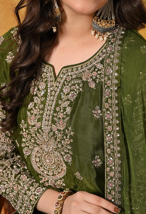 Green Zardozi, Crystal & Mirror Embellished Chinon Sharara Set