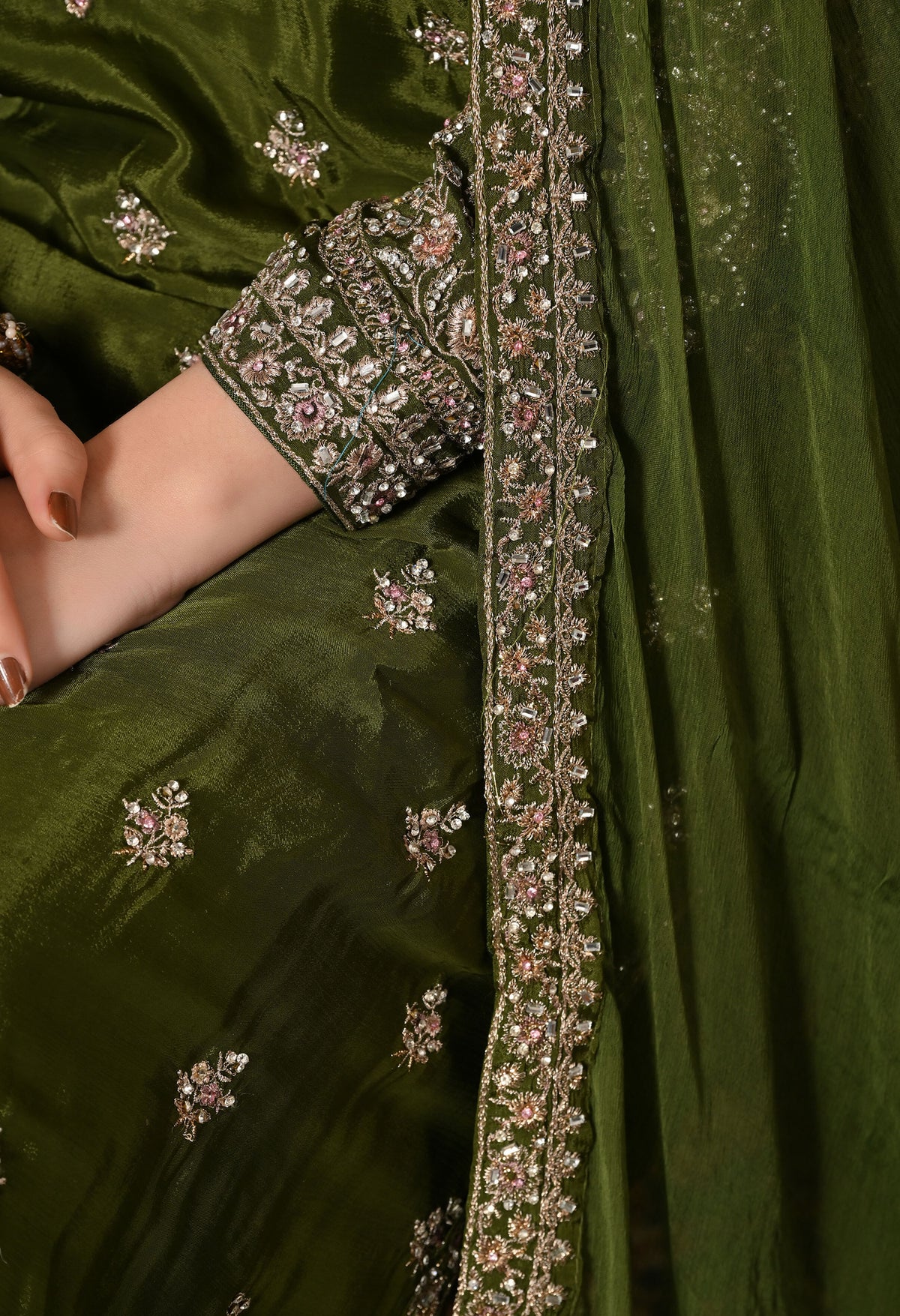 Green Zardozi, Crystal & Mirror Embellished Chinon Sharara Set