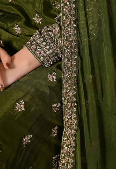 Green Zardozi, Crystal & Mirror Embellished Chinon Sharara Set