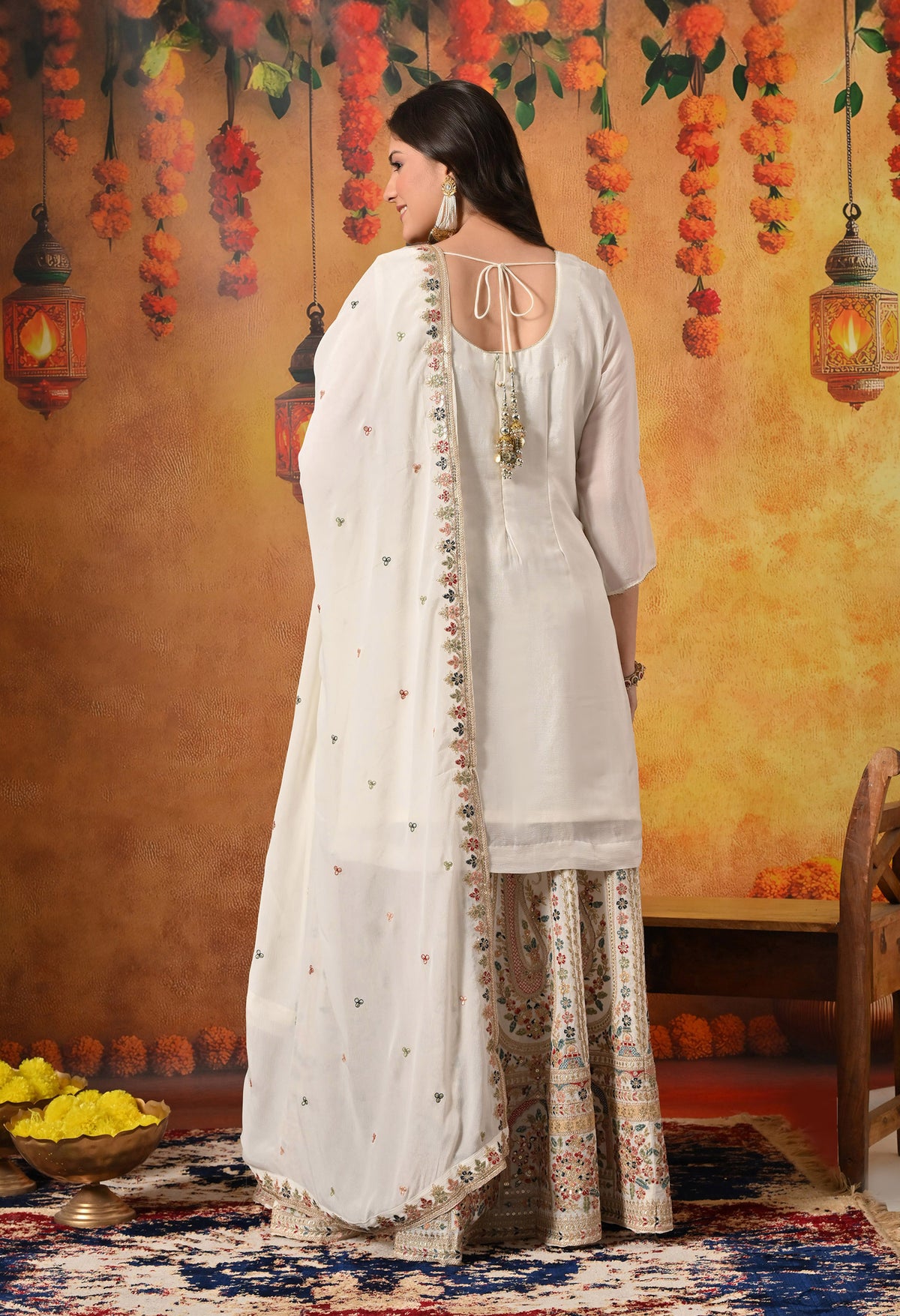 Golden Cream Thread & Zardozi Embroidered Chinon Lehenga Set