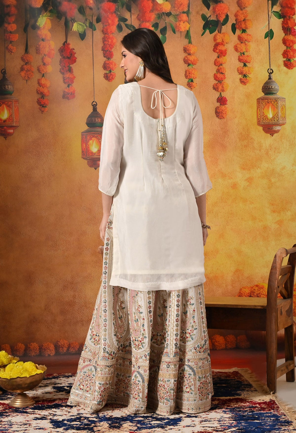 Golden Cream Thread & Zardozi Embroidered Chinon Lehenga Set