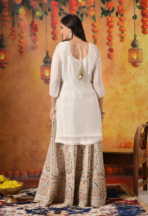 Golden Cream Thread & Zardozi Embroidered Chinon Lehenga Set