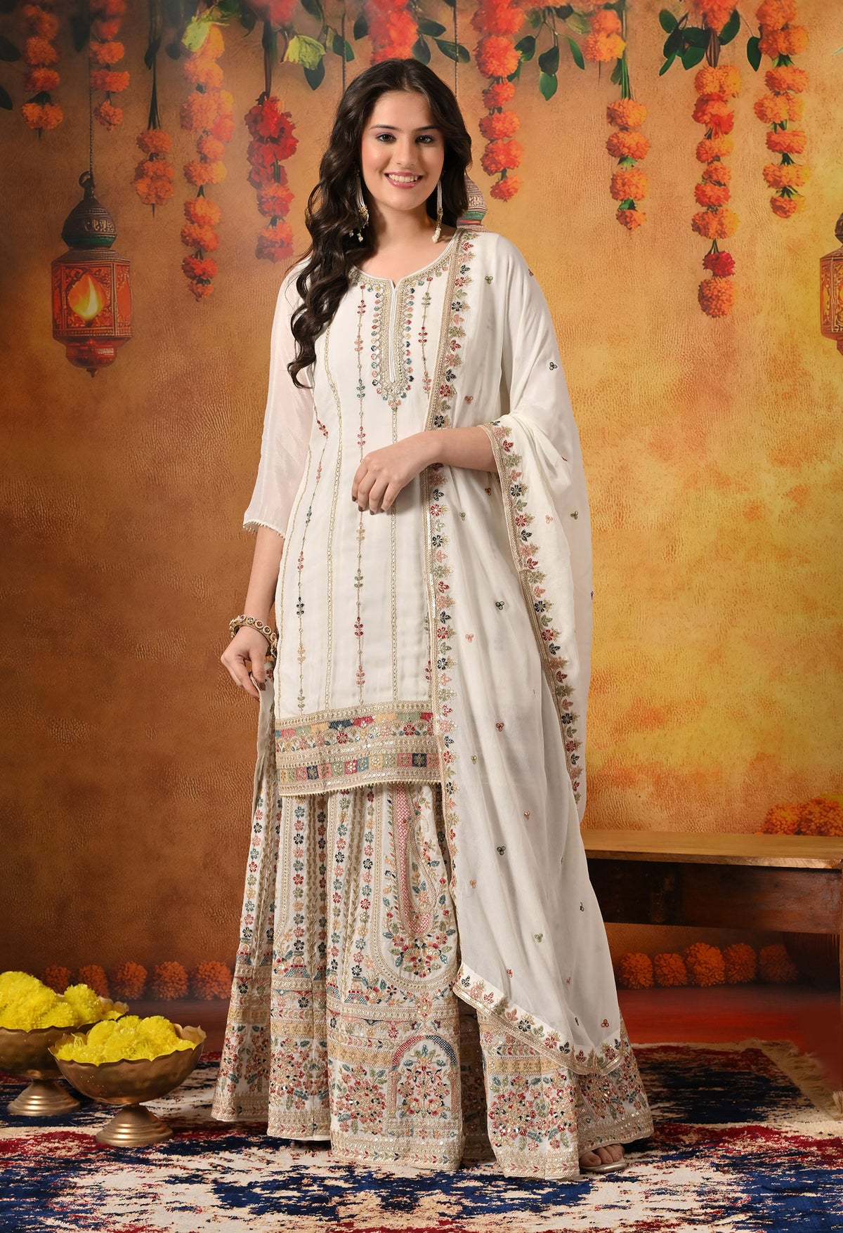 Golden Cream Thread & Zardozi Embroidered Chinon Lehenga Set
