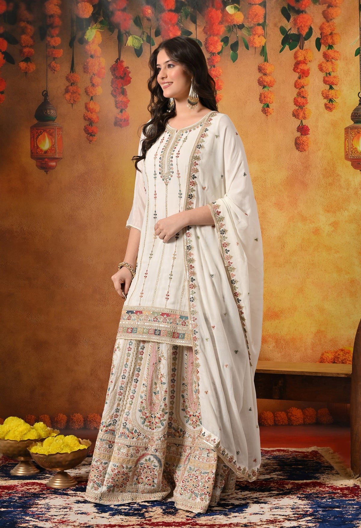 Golden Cream Thread & Zardozi Embroidered Chinon Lehenga Set