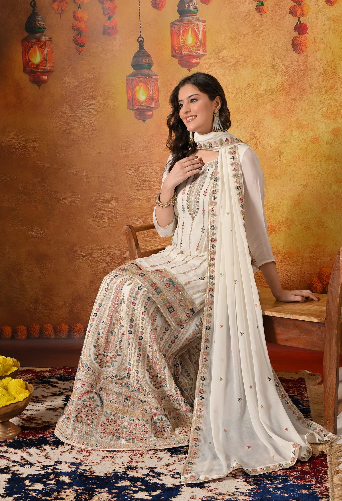 Golden Cream Thread & Zardozi Embroidered Chinon Lehenga Set