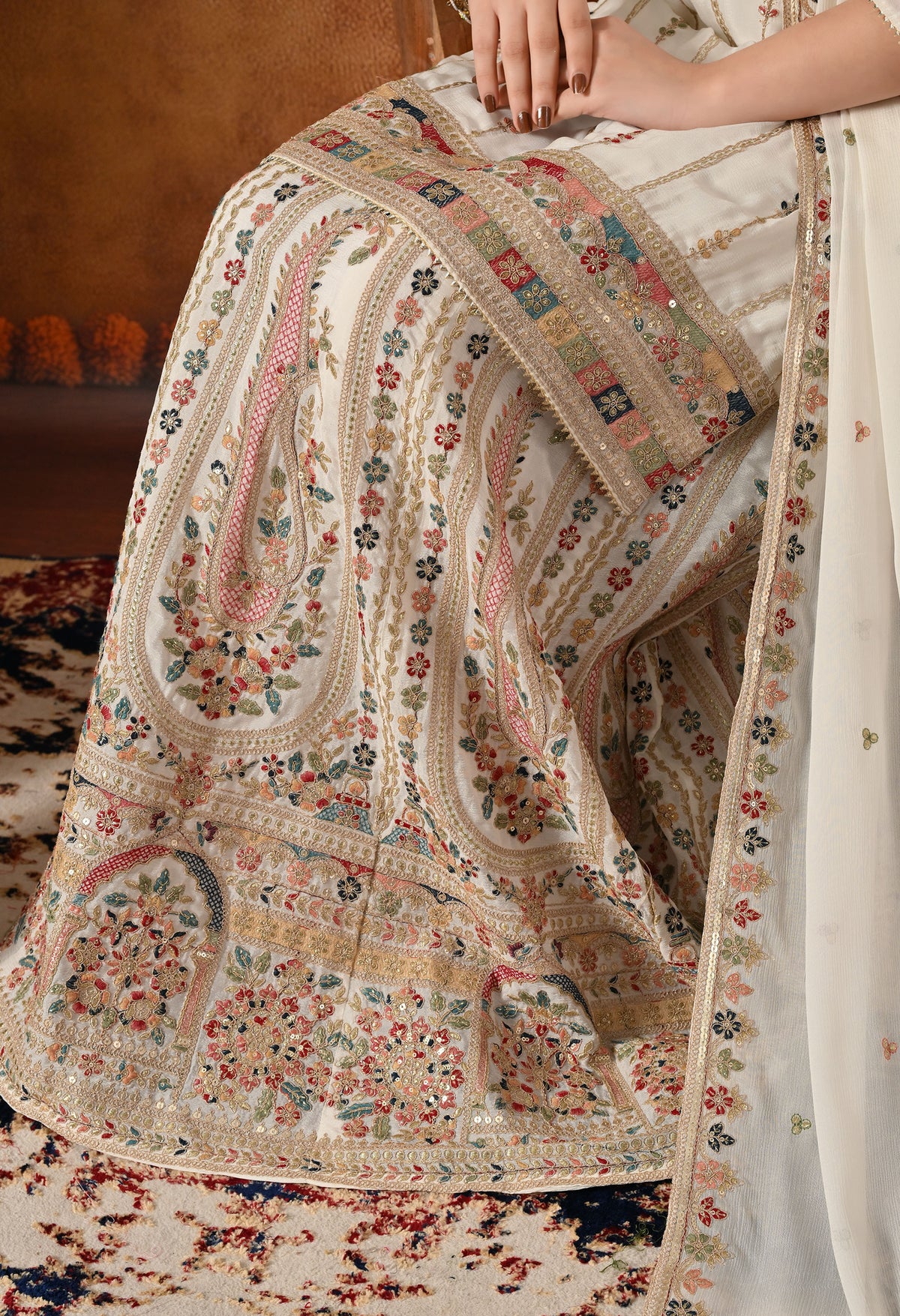 Golden Cream Thread & Zardozi Embroidered Chinon Lehenga Set
