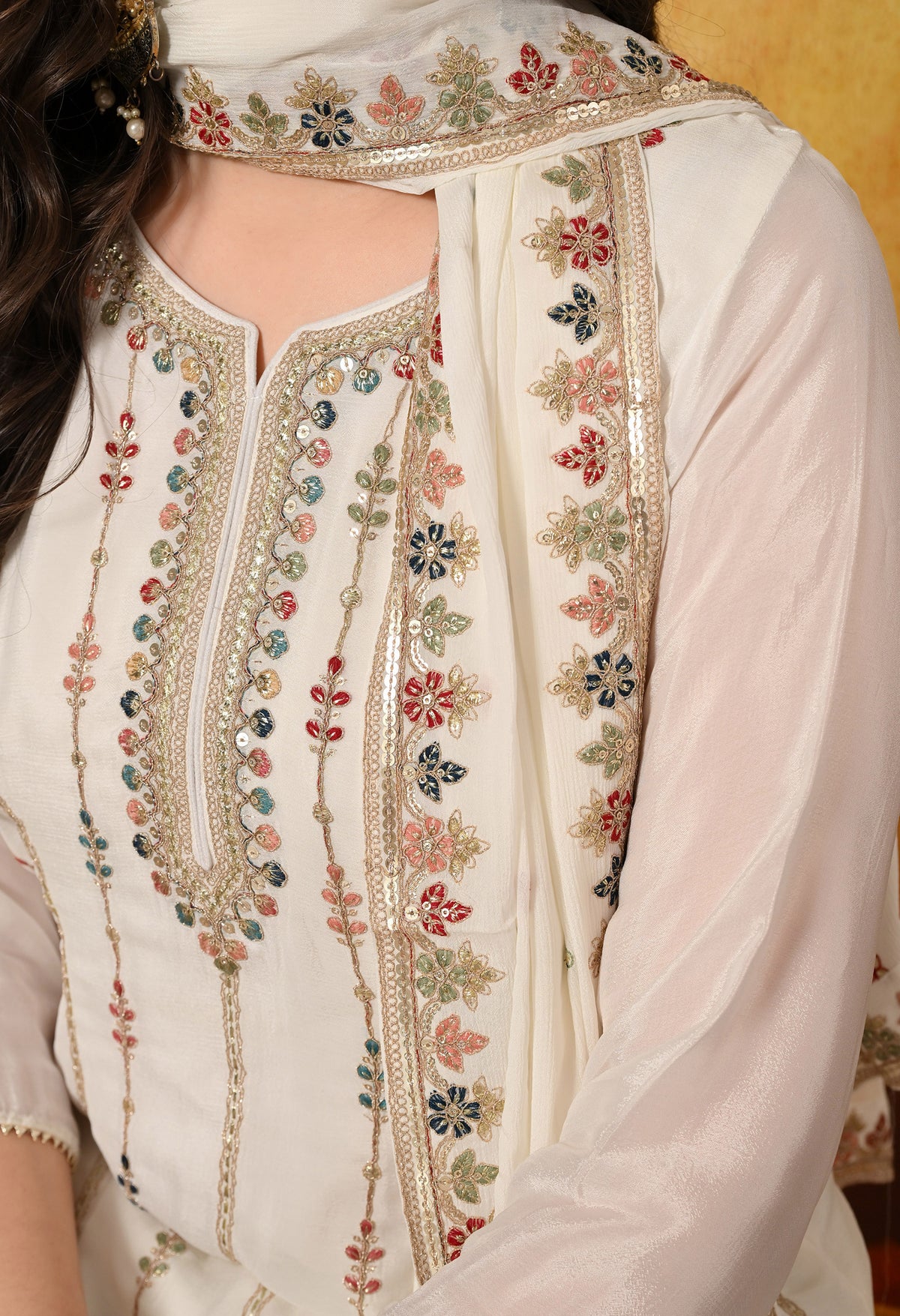 Golden Cream Thread & Zardozi Embroidered Chinon Lehenga Set