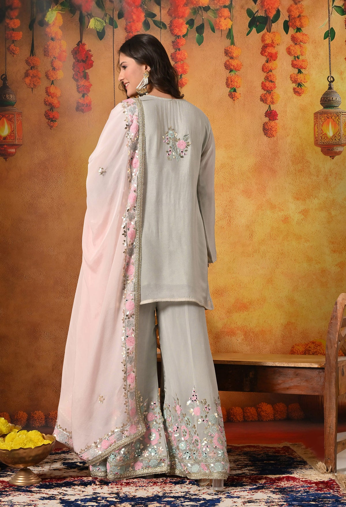 Greenish Grey Thread, Gotta & Mirror Embroidered Chinon Sharara Set