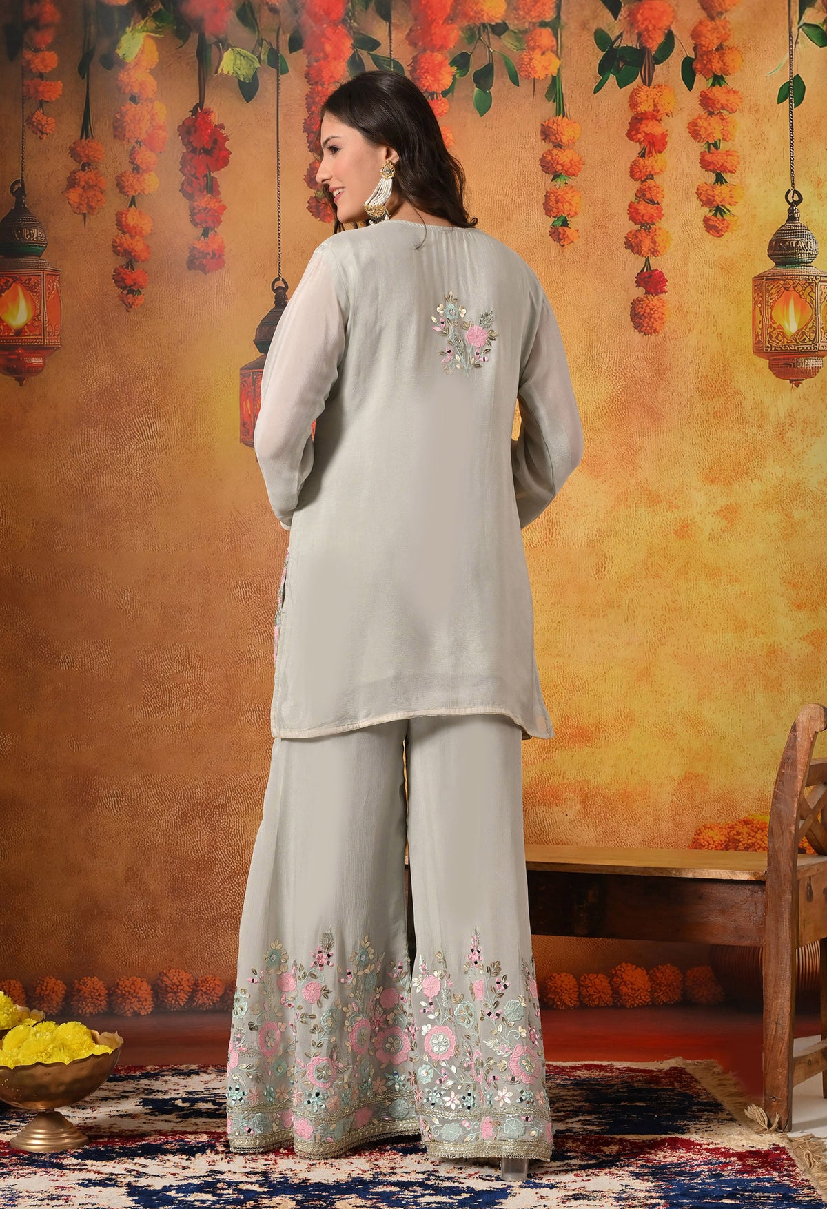 Greenish Grey Thread, Gotta & Mirror Embroidered Chinon Sharara Set