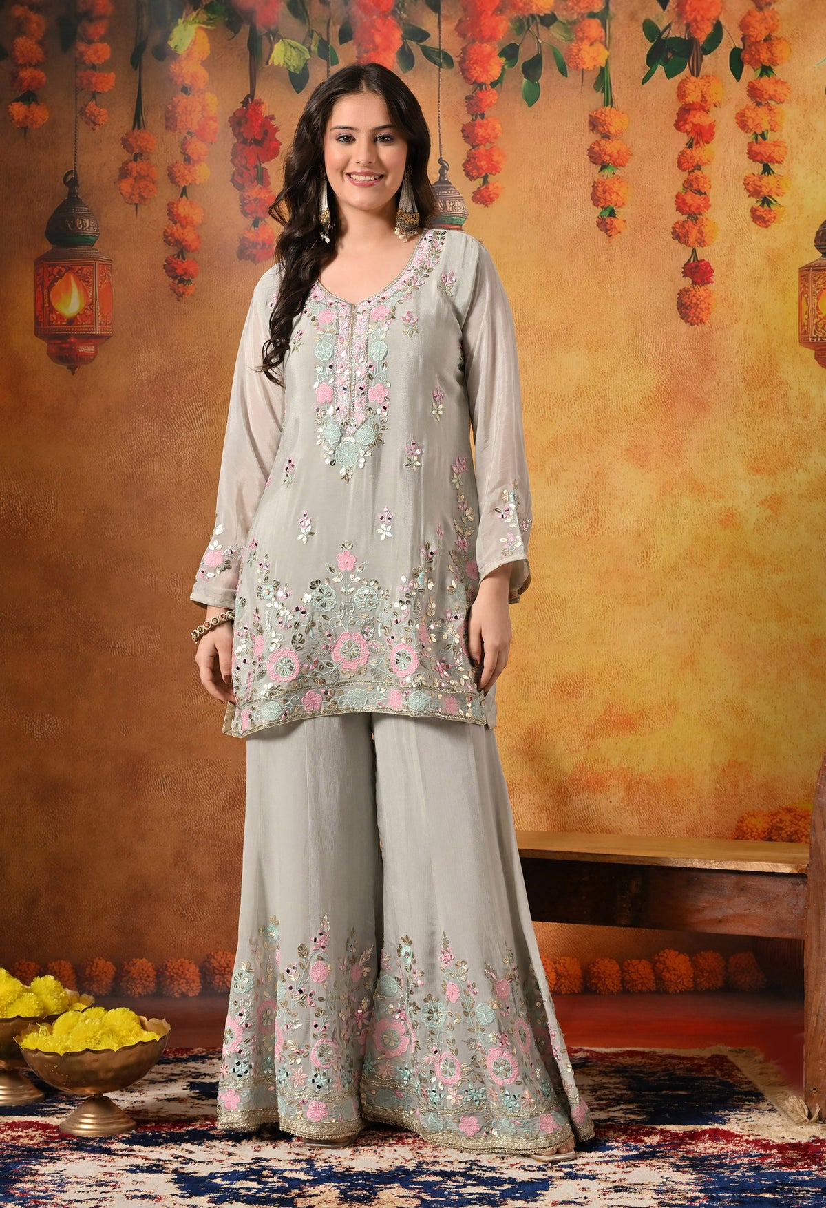 Greenish Grey Thread, Gotta & Mirror Embroidered Chinon Sharara Set
