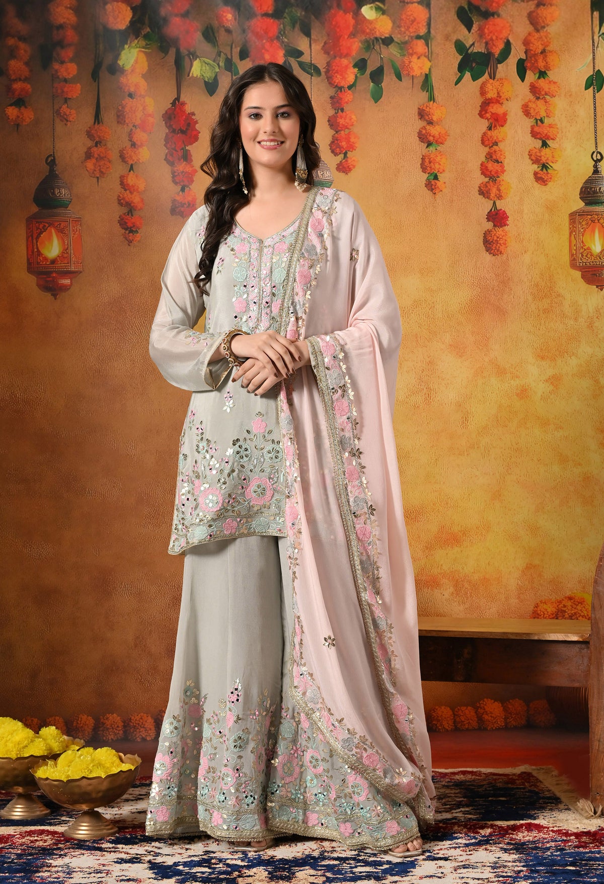 Greenish Grey Thread, Gotta & Mirror Embroidered Chinon Sharara Set