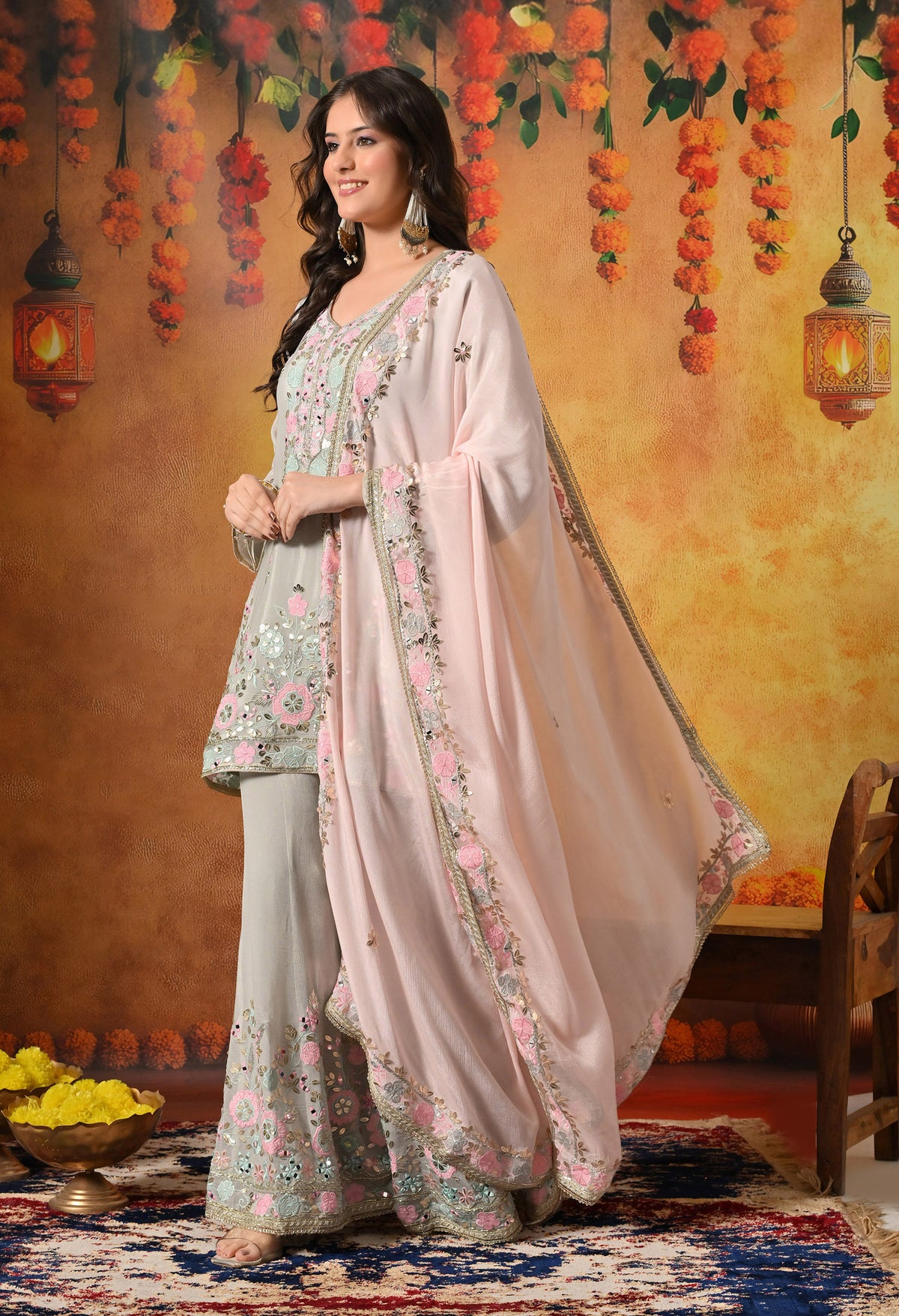 Greenish Grey Thread, Gotta & Mirror Embroidered Chinon Sharara Set