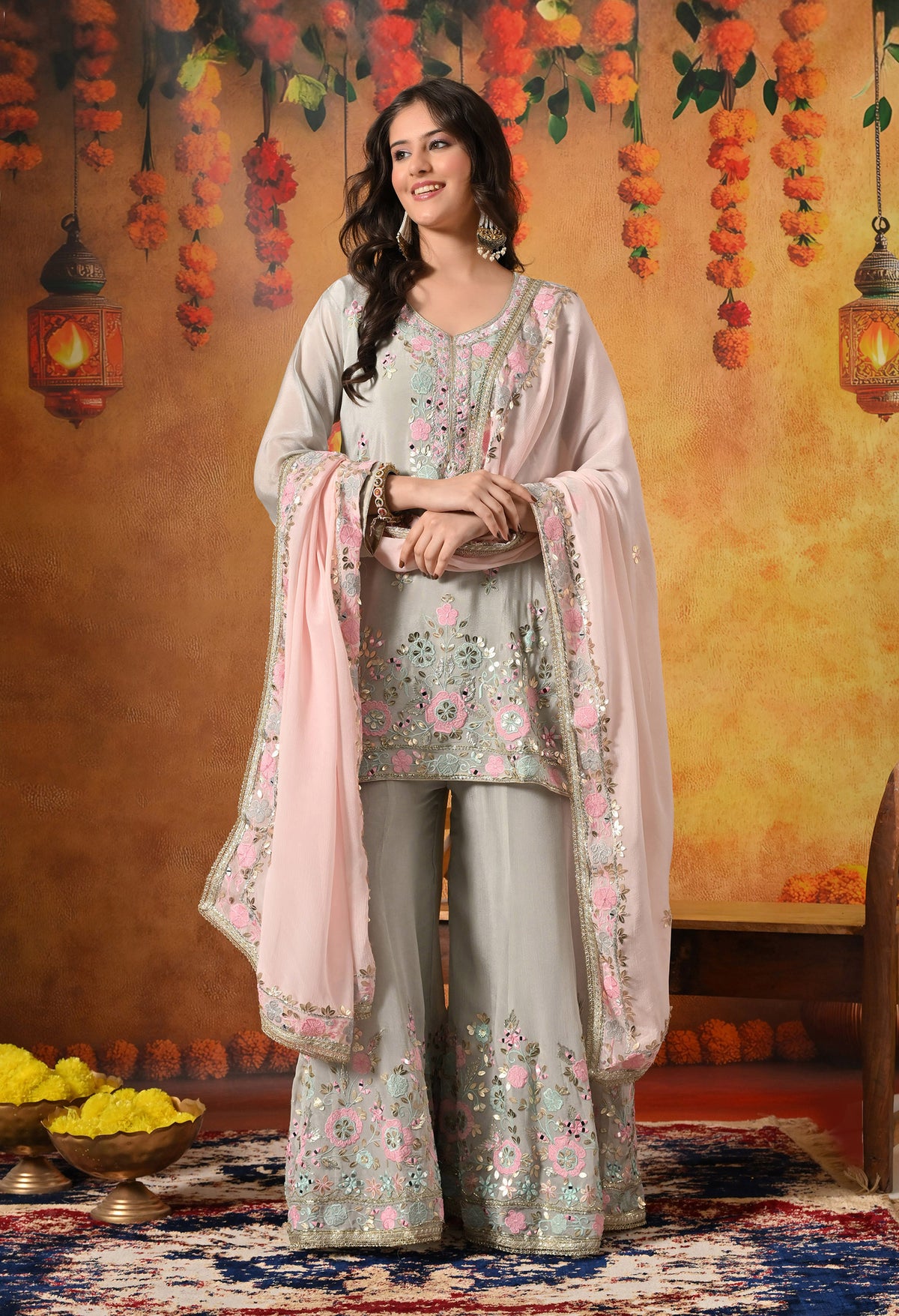 Greenish Grey Thread, Gotta & Mirror Embroidered Chinon Sharara Set