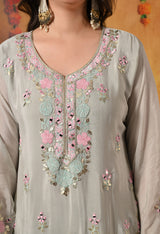 Greenish Grey Thread, Gotta & Mirror Embroidered Chinon Sharara Set